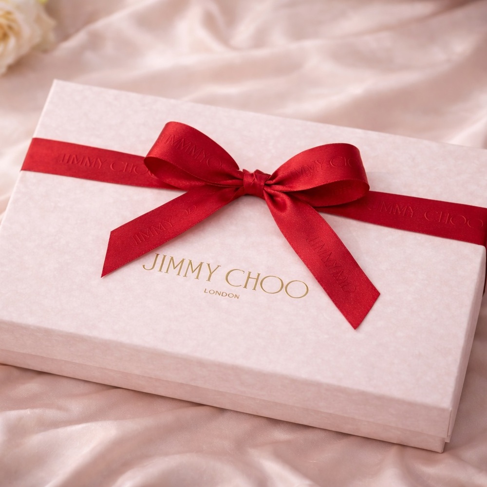 Jimmy Choo gift Box with Red Ribbon, wrapping paper, dust bag.